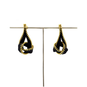 Fabric Knot Zipper Earrings, Gold and Black