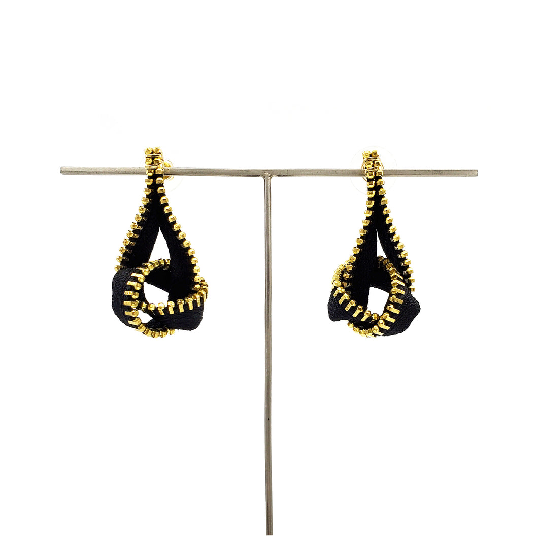 Fabric Knot Zipper Earrings, Gold and Black
