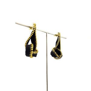 Fabric Knot Zipper Earrings, Gold and Black