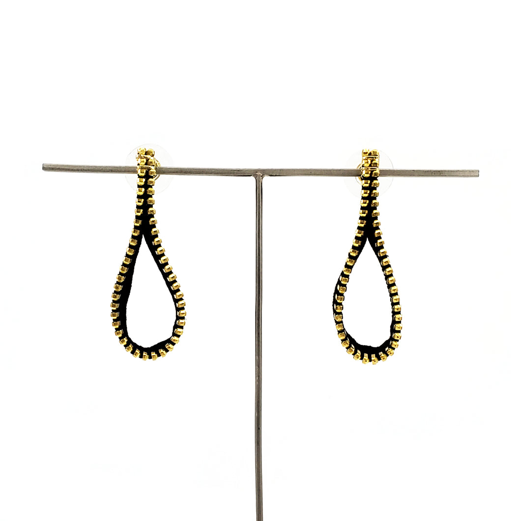 Fabric Loop Zipper Earrings, Gold and Black