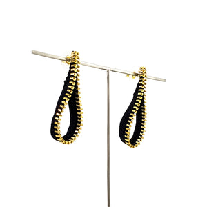Fabric Loop Zipper Earrings, Gold and Black