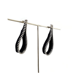 Fabric Loop Zipper Earrings, Silver and Black