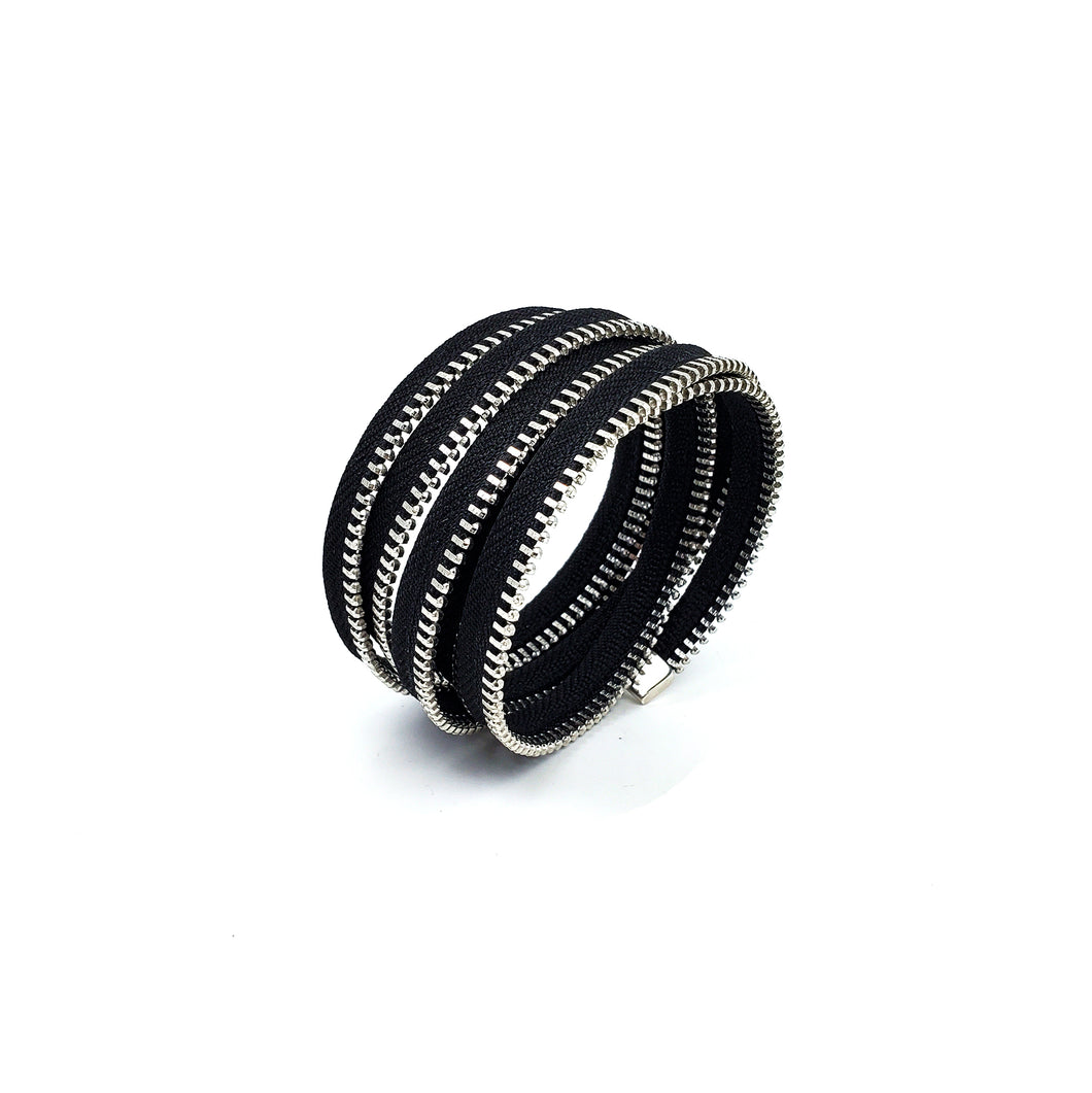 Wide Coil Zipper Bracelet, Silver and Black