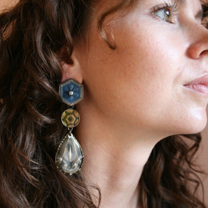 Blue, Amber, and Smokey Quartz 3 Drop - Convertible Earrings