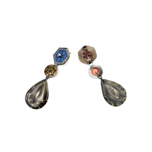 Blue, Amber, and Smokey Quartz 3 Drop - Convertible Earrings